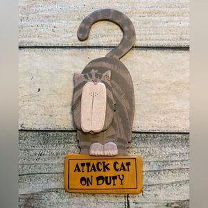 Wood gray cat door hanger decor for door knob. “Attack Cat on Duty”